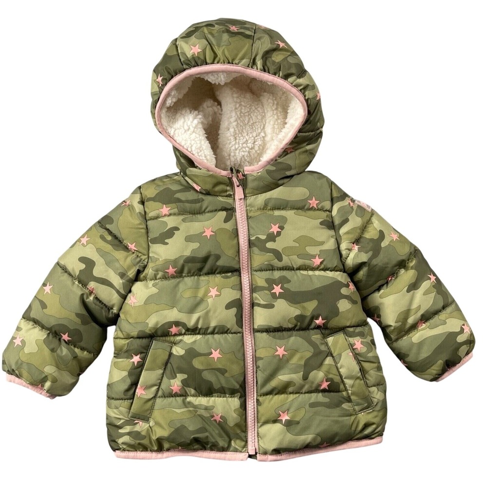 Baby Gap Cozy Soft Puffer Coat 2 yrs‎ 2T Green Pink Camo Star Print Sherpa Lined